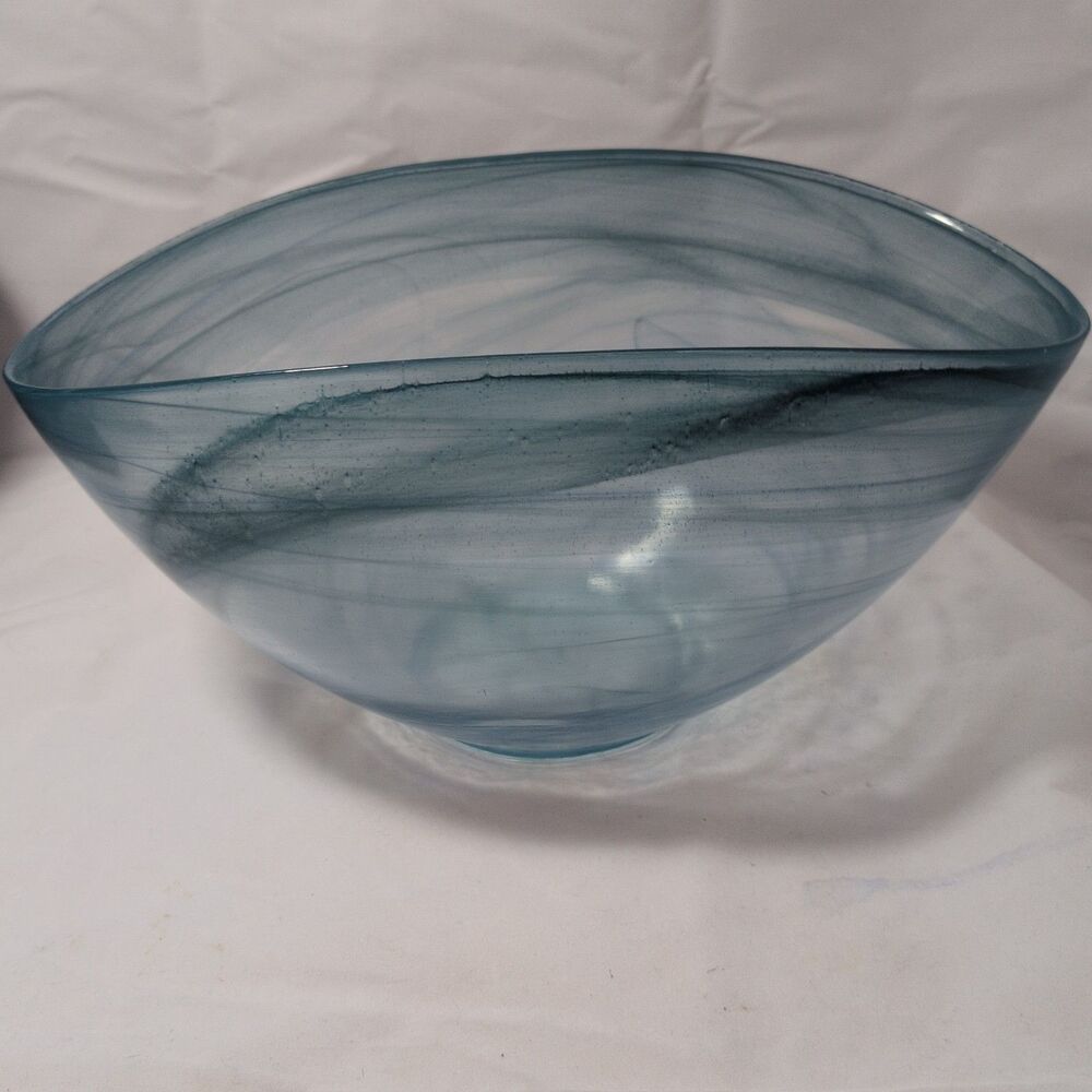 Artistic Oval Folded Glass Serving Bowl Horizontal Streaking Swirl Blue & White
